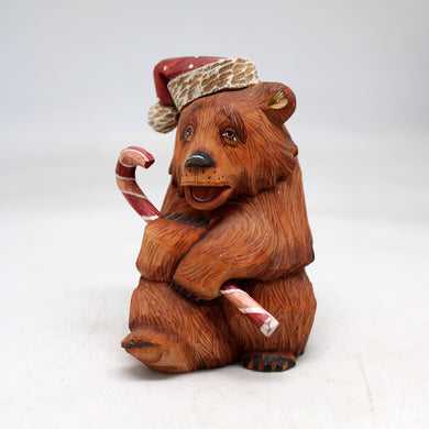 One-of-a-Kind Bear with Candy Cane WOODCARVED Figurine 4x3x25 by GDeBrekht - Unique Handcrafted and Handpainted Collectible