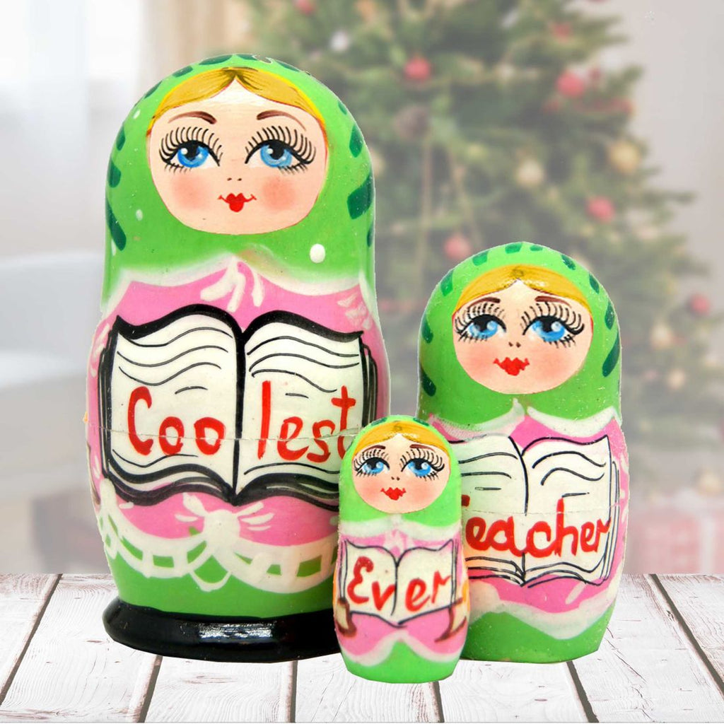 Coolest Teacher Matreshka Nesting Hand-Painted Doll Set of 3 by G. DeBrekht - Love Family Kids Decor - 14713