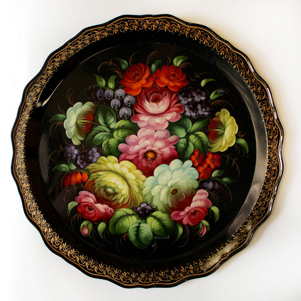 Authentic Hand-Painted Zhostovo Floral Black Metal Tray 17x17 - Exquisite Kitchenware and Gift - One-of-a-Kind Work of Art by G. Debrekht Functional Kitchenware Table and Unique Wall Decor