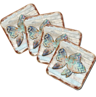 four square coasters with a butterfly design on them.