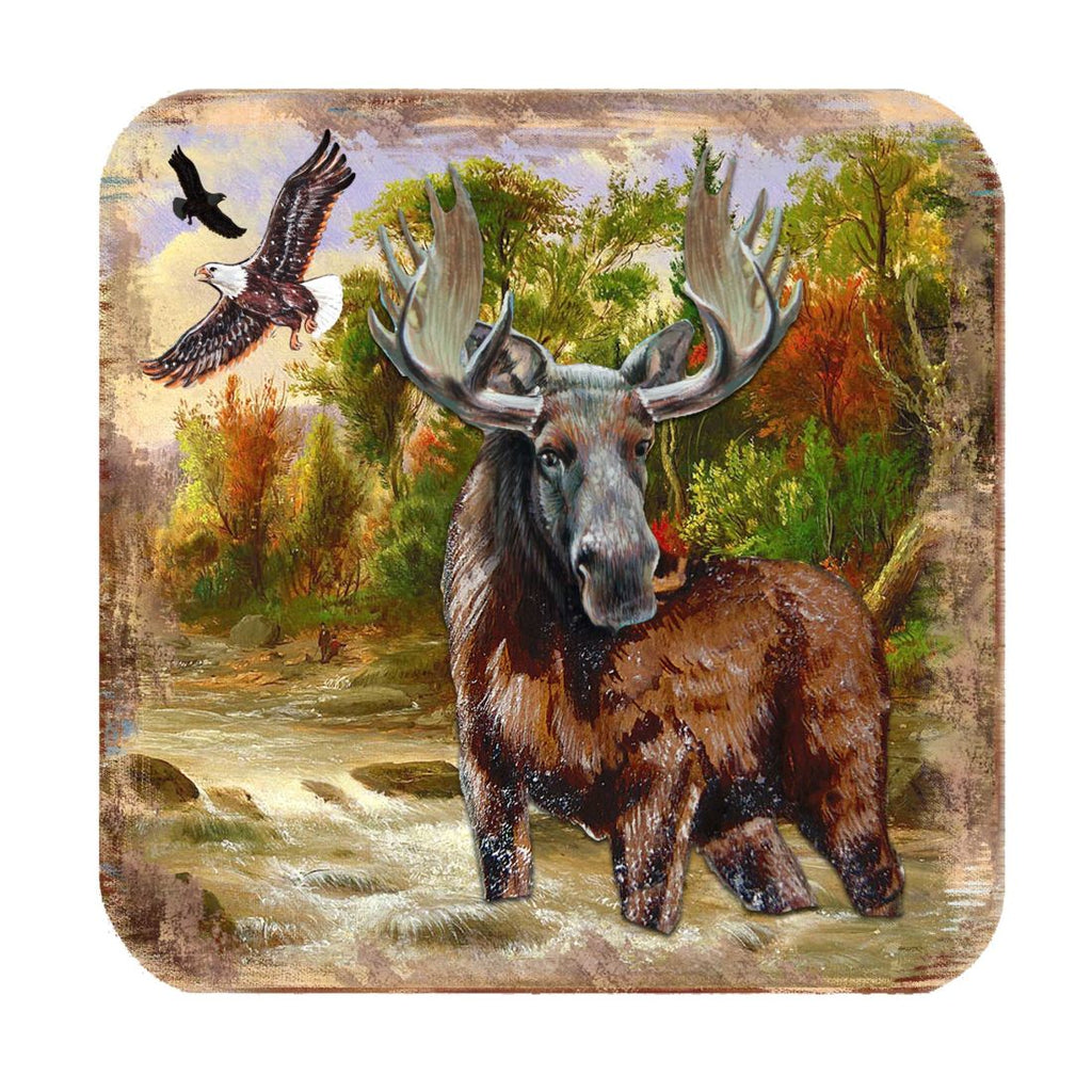 Moose Wooden Cork Coasters Gift Set of 4 by Nature Wonders - Nature Wildlife Decor - 95216-2C-S4