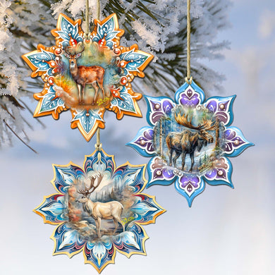 Forest Animals Snowflake Eco Wood Ornaments Set of 3 by G. Debrekht - Nature Wildlife Decor - 8090145-S3