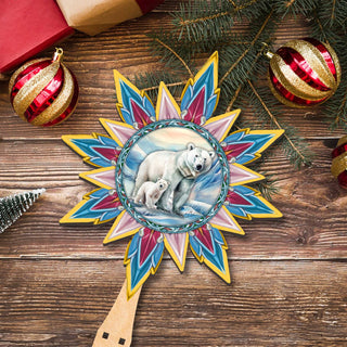 Polar Bear with Cub Star Tree Topper Wooden Decor by G. Debrekht - Wildlife Holiday Decor - 89509
