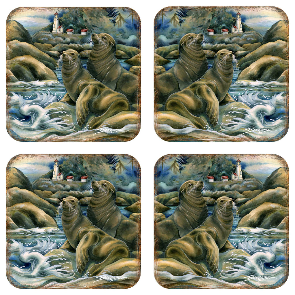 Lions of the Sea Wooden Cork Coasters Gift Set of 4 by J. Bergsma - Coastal Wildlife Decor - 8199466C-S4