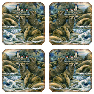 Lions of the Sea Wooden Cork Coasters Gift Set of 4 by J. Bergsma - Coastal Wildlife Decor - 8199466C-S4