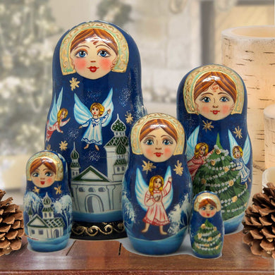 Guardian Angels Matreshka Stacking Hand-Painted Dolls Set of 5 by G. DeBrekht - Nativity Holiday Decor - 1300941