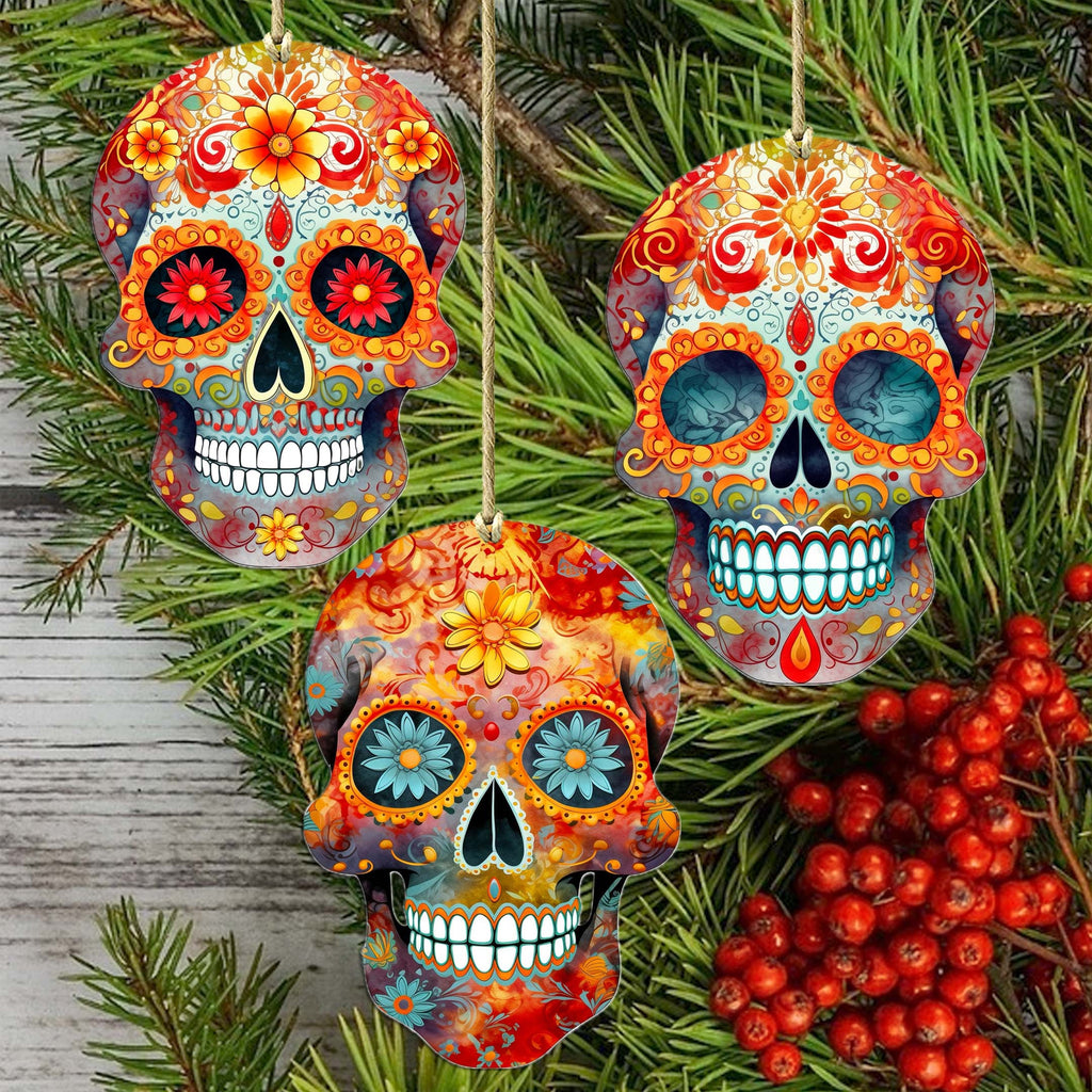 Sugar Skulls Decorative Wooden Ornaments of 3 by G. Debrekht - Halloween Decor - 8091071-S3