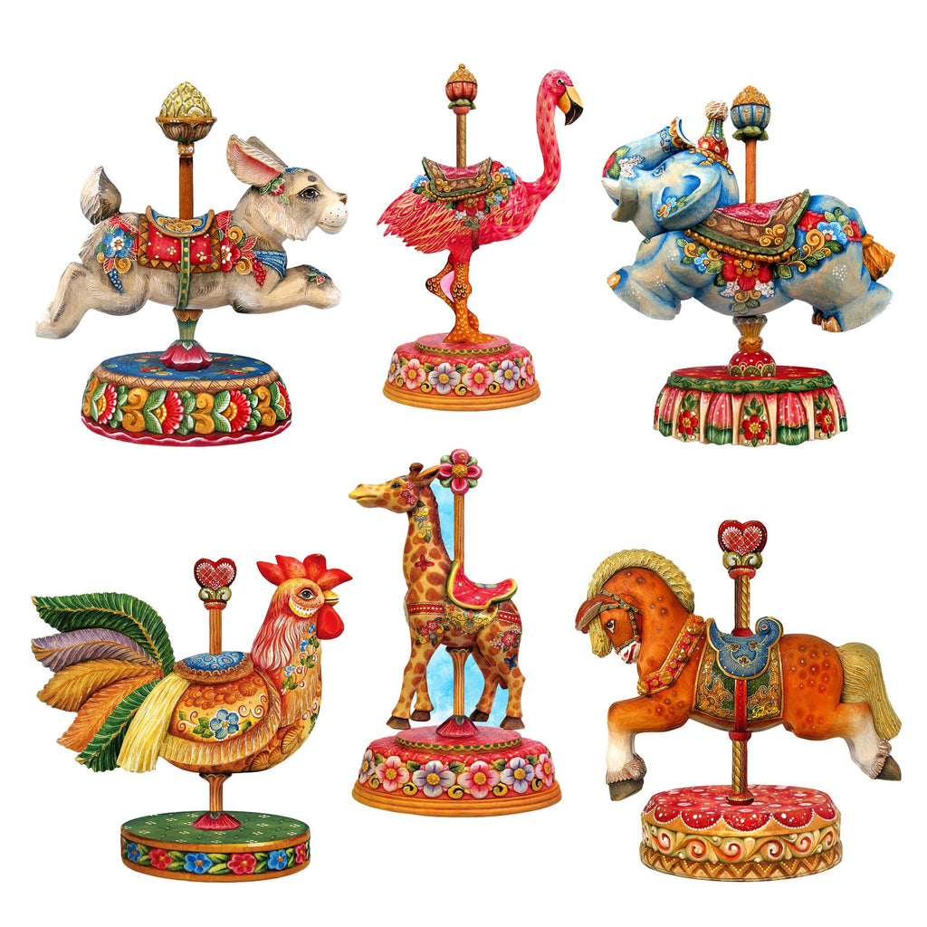Carousel Clip-On Eco Wood Decorative Ornaments Set of 6 by G. Debrekht - Christmas Decor - 8090137C-S6