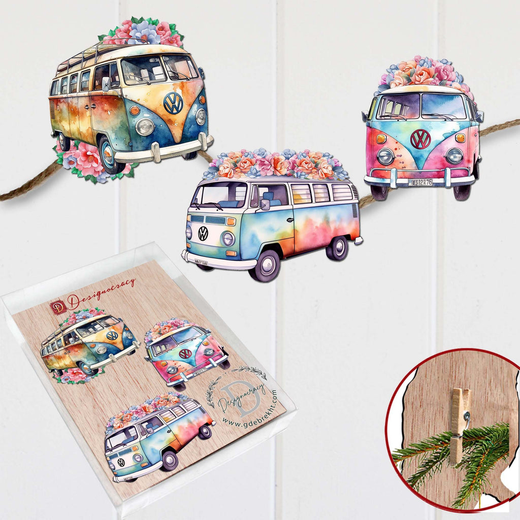 Surf Vans Clip-On Eco Wood Decorative Ornaments Set of 3 by G. Debrekht - Christmas Decor - 8091040C-S3