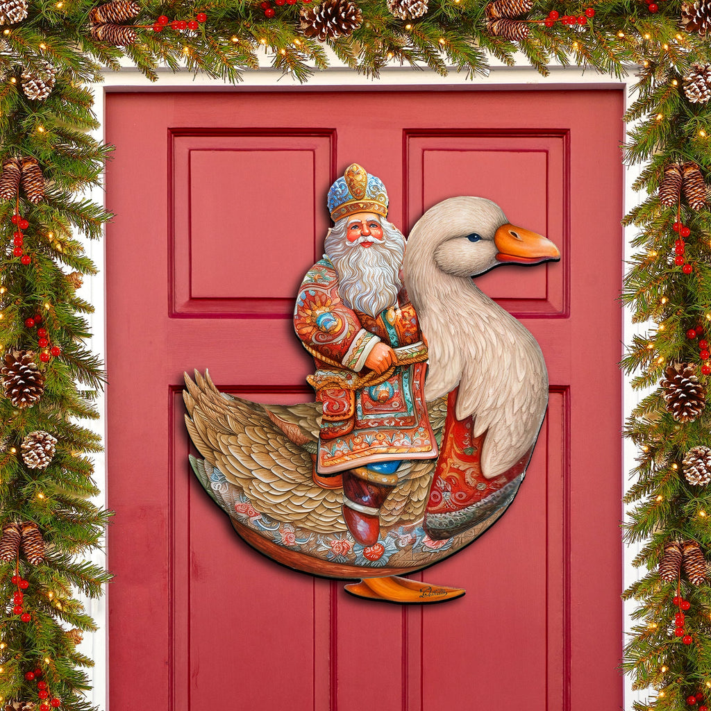 Charming Santa Riding Goose Holiday Door Decor by G. Debrekht - Christmas Santa Snowman Decor - 8611063H