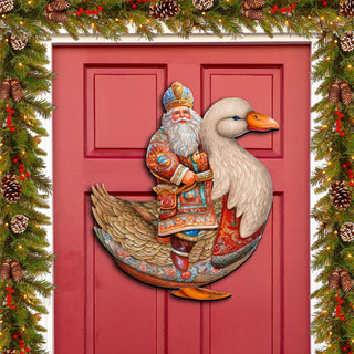 Charming Santa Riding Goose Holiday Door Decor by G. Debrekht - Christmas Santa Snowman Decor - 8611063H