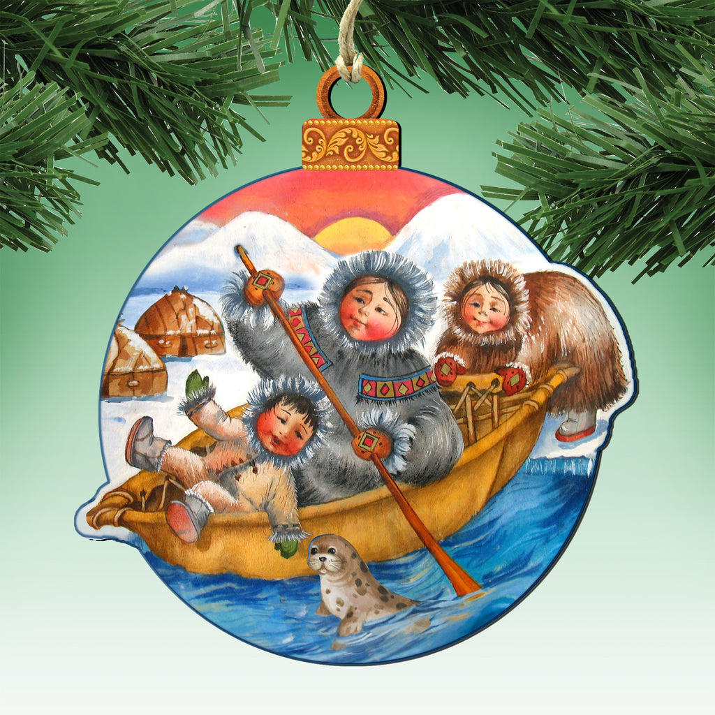 A decorative ornament featuring three people in a boat on a snowy landscape, with a dog on the boat and a sunset in the background.