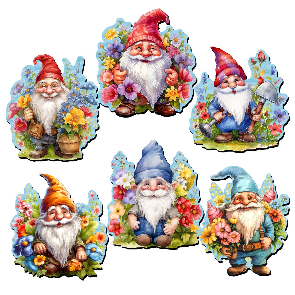 Garden Gnomes Decorative Eco Wood Magnets Set of 6 by G. Debrekht - Easter Spring Decor - 8090030G-S6