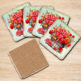Flowers in the Basket Wooden Cork Coasters Gift Set of 4 by Nature Wonders - Nature Wildlife Decor - 95405C-S4