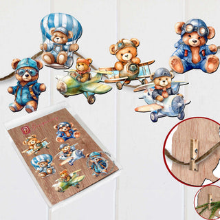 Aviator Teddy Bear Clip-On Eco Wood Decorative Ornaments Set of 6 by G. Debrekht - Christmas Decor - 8090010C-S6