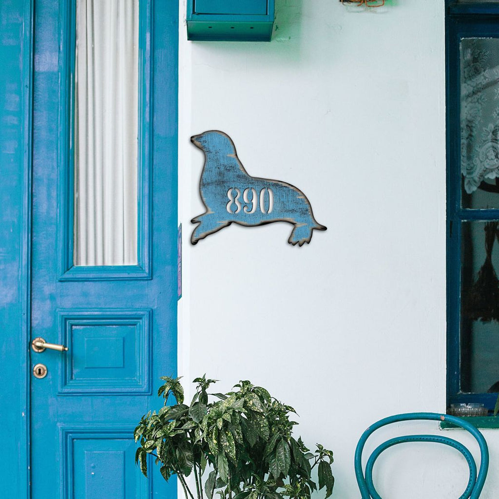 Seal Coastal Wooden Personalized House Number Sign by G. Debrekht - Coastal Sea-Life Decor - Handcrafted Wooden Handcrafted Wooden Handcrafted Wooden Address Sign - MA98532