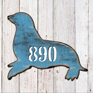 Seal Coastal Wooden Personalized House Number Sign by G. Debrekht - Coastal Sea-Life Decor - Handcrafted Wooden Handcrafted Wooden Handcrafted Wooden Address Sign - MA98532