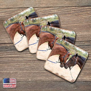 Horses Wooden Cork Coasters Gift Set of 4 by Nature Wonders - Nature Wildlife Decor - 95370C-S4