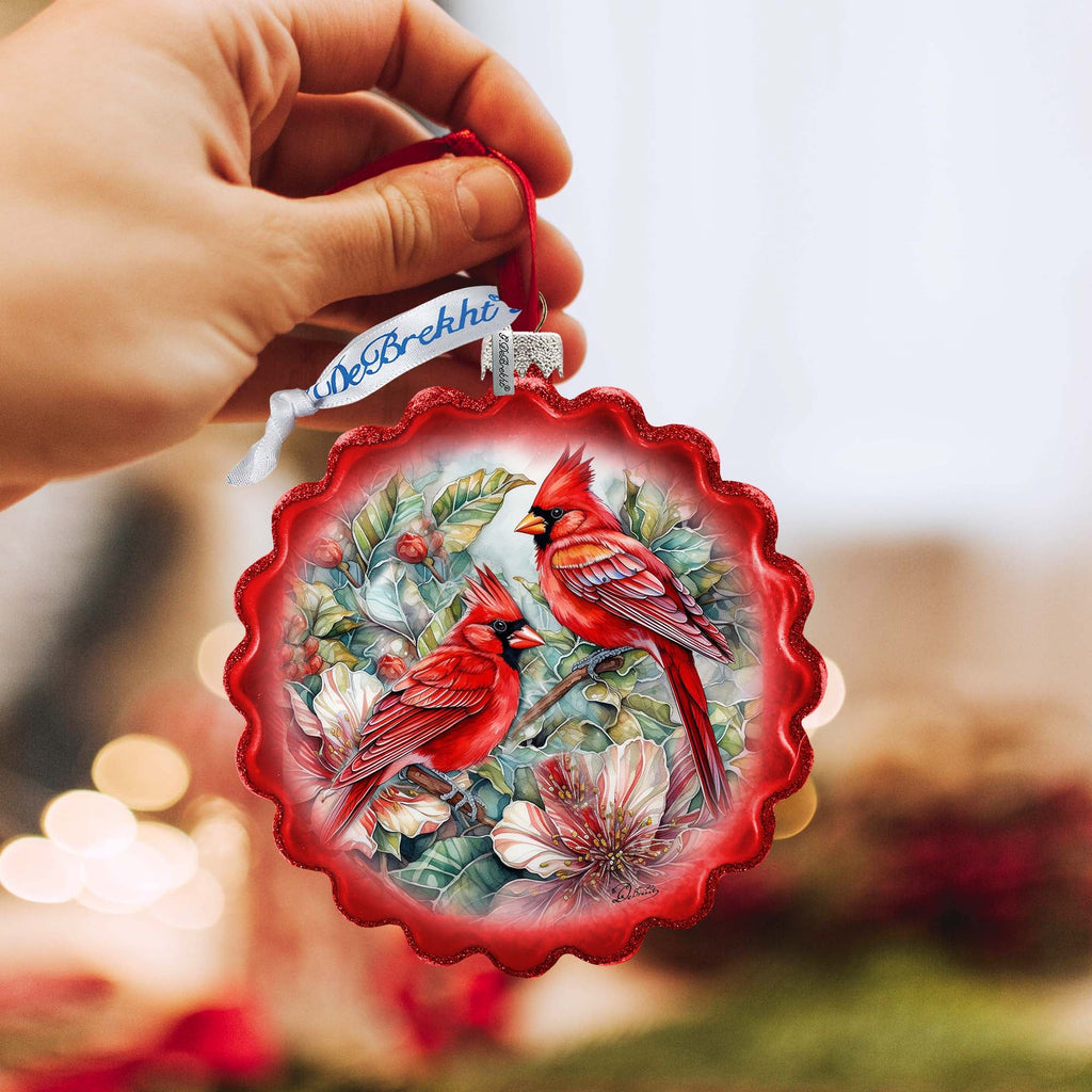 Cardinals Wreath Glass Ornament by G. Debrekht - Wildlife Holiday Decor - 759-052