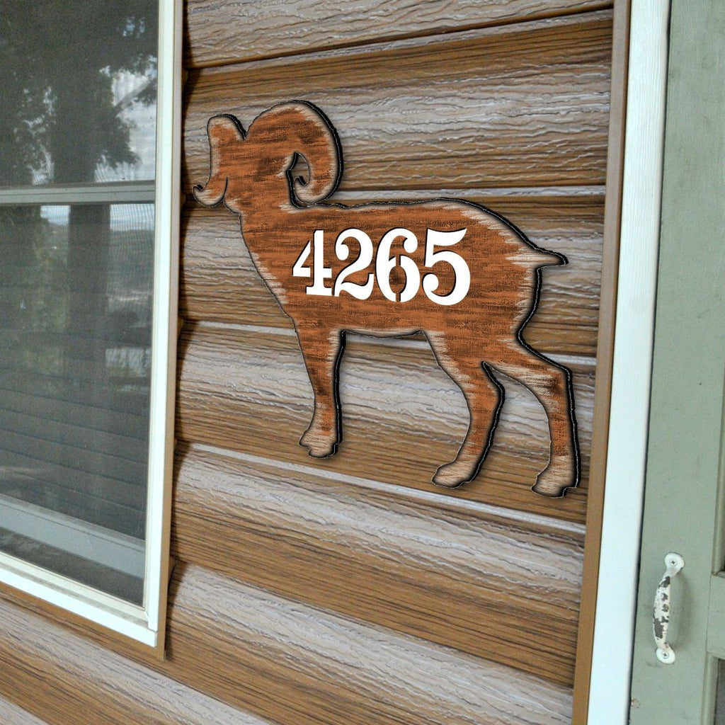 Ram Wooden Custom House Number Sign by G. DeBrekht - Nature Wildlife Decor - Handcrafted Wooden Handcrafted Wooden Handcrafted Wooden Address Sign - MA8198228