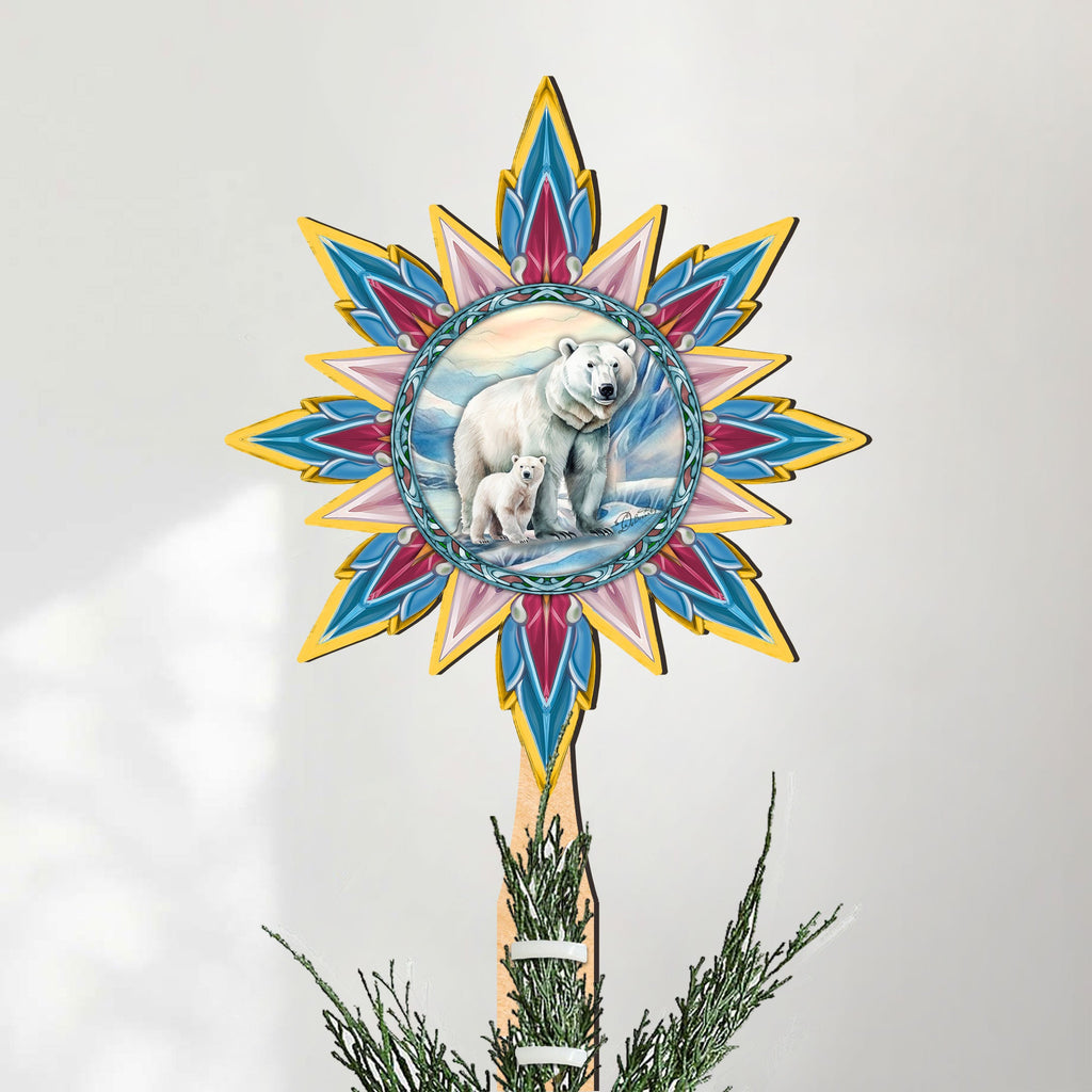 Polar Bear with Cub Star Tree Topper Wooden Decor by G. Debrekht - Wildlife Holiday Decor - 89509