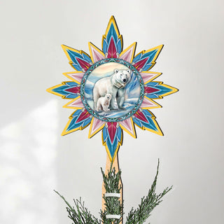 Polar Bear with Cub Star Tree Topper Wooden Decor by G. Debrekht - Wildlife Holiday Decor - 89509