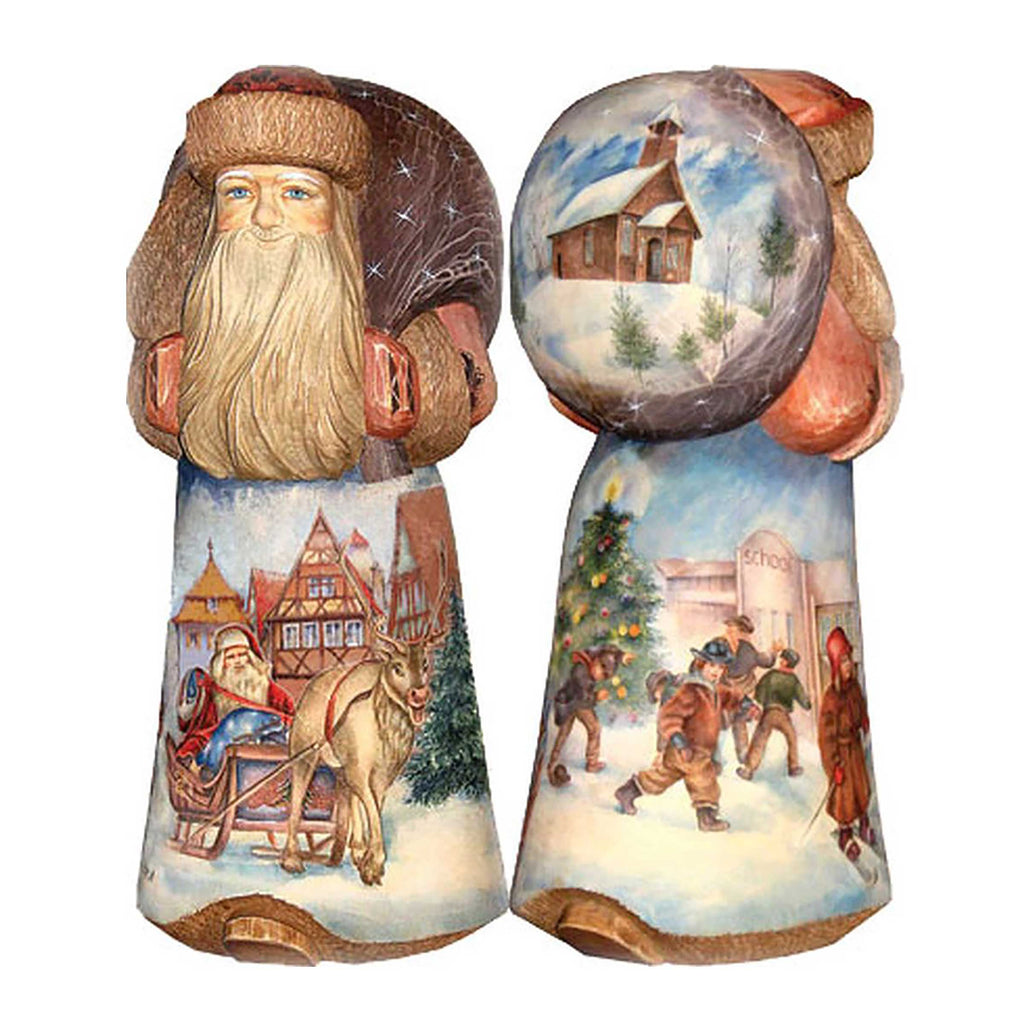 two wooden figurines depicting scenes from a winter holiday. The figurines are adorned with various holiday-themed scenes, including a Santa Claus figure, a snowy landscape, a Christmas tree, and people engaged in winter activities.
