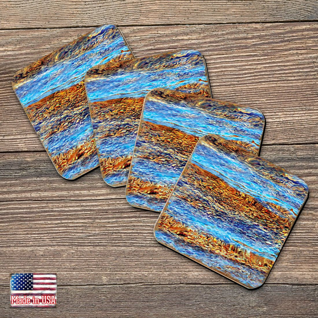 Beach Waves Coastal Wooden Cork Coasters Gift Set of 4 by Nature Wonders - Coastal Sea-Life Decor - 95354C-S4