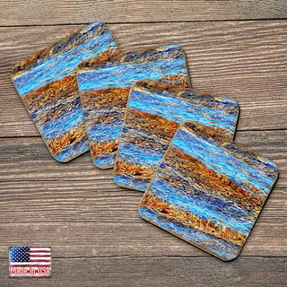 Beach Waves Coastal Wooden Cork Coasters Gift Set of 4 by Nature Wonders - Coastal Sea-Life Decor - 95354C-S4
