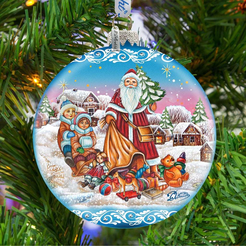Santa Gift Giver Blue Ball Glass Ornament Limited Edition by G. DeBrekht - Christmas Santa Snowman Decor - 73874B