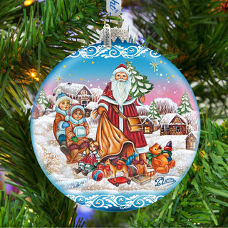 Santa Gift Giver Blue Ball Glass Ornament Limited Edition by G. DeBrekht - Christmas Santa Snowman Decor - 73874B