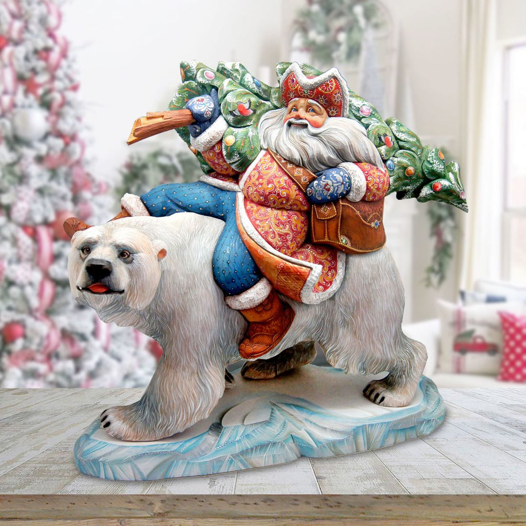 Santa Polar Bear Ride Hand-Painted WOODCARVED Masterpiece by G. DeBrekht - Christmas Decor - L2000011 - SPECIAL ORDER *** PRE-ORDER - Handmade Just for You! ***