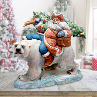 Santa Polar Bear Ride Hand-Painted WOODCARVED Masterpiece by G. DeBrekht - Christmas Decor - L2000011 - SPECIAL ORDER *** PRE-ORDER - Handmade Just for You! ***
