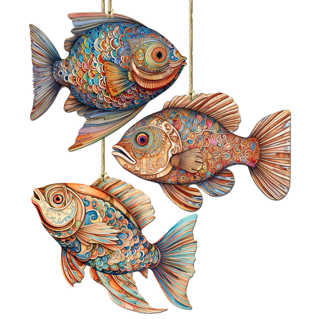 Coastal Fish Decorative Eco Wood Ornaments Set of 3 by G. Debrekht - Coastal Decor - 8091034-S3