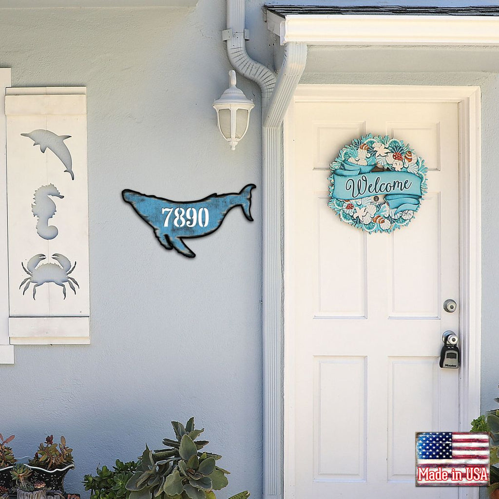 Whale Coastal Wooden Personalized House Number Sign by G. Debrekht - Coastal Sea-Life Decor - Handcrafted Wooden Handcrafted Wooden Handcrafted Wooden Handcrafted Wooden Address Sign - MA985163