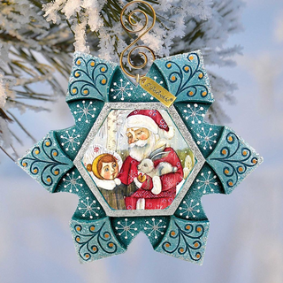 A decorative ornament featuring a Santa Claus figure holding a bunny, with a snowflake pattern surrounding the image.