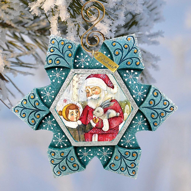 A decorative ornament featuring a Santa Claus figure holding a bunny, with a snowflake pattern surrounding the image.