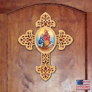 Holy Family Pointy Wooden Cross by Museum Icons - Inspirational Icon Decor - 88350