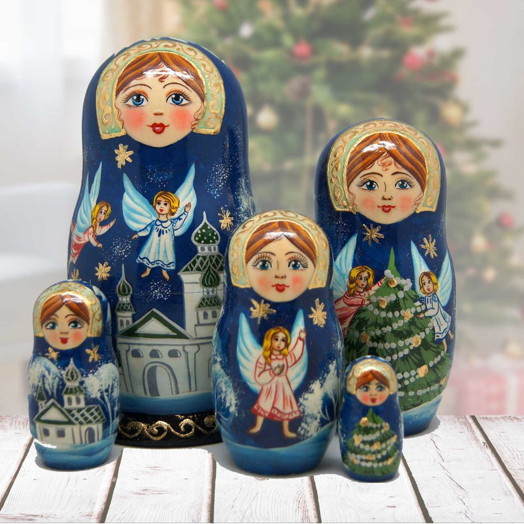 Guardian Angels Matreshka Stacking Hand-Painted Dolls Set of 5 by G. DeBrekht - Nativity Holiday Decor - 1300941