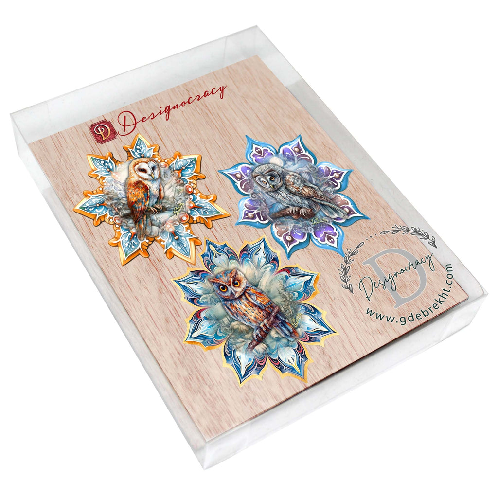 Owls Snowflake Eco Wood Ornaments Set of 3 by G. Debrekht - Nature Wildlife Decor - 8090152-S3