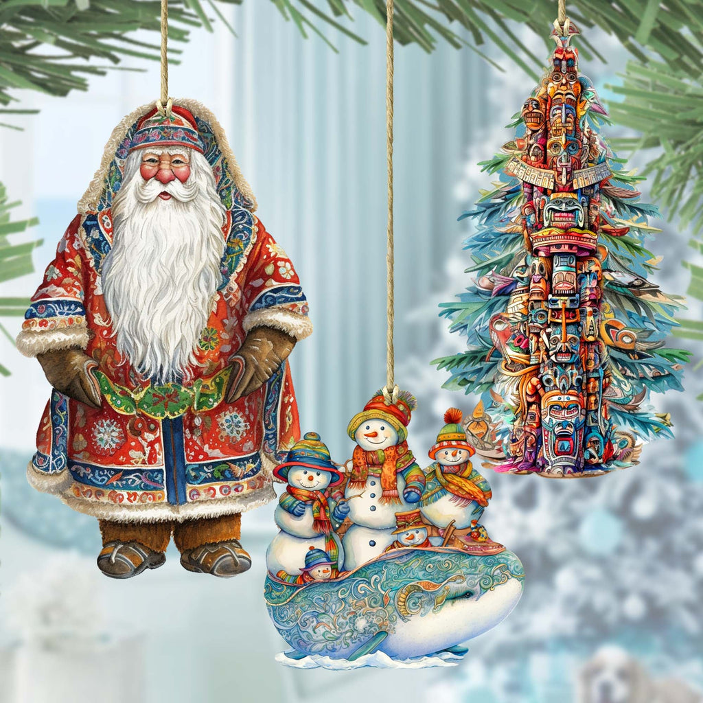 Santas Around the World - Alaskan Inspired Santa - Eco Wood Ornaments Set of 3 by G. DeBrekht Christmas Santa Snowman Decor - 8091314S3