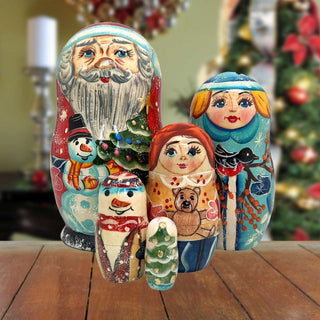 Santa Family Matreshka Nesting Hand-Painted Doll Set of 5 by G. DeBrekht - Christmas Santa Snowman Decor - 120015