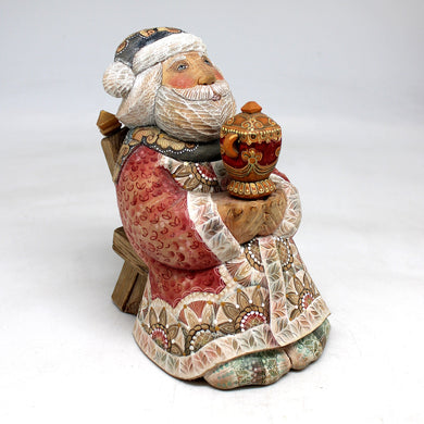 One-of-a-Kind - Santa with Gift WOODCARVED Figurine 5.5x3.5x4.5 by G.DeBrekht - Unique Handcarved and Hand-Painted Collectible