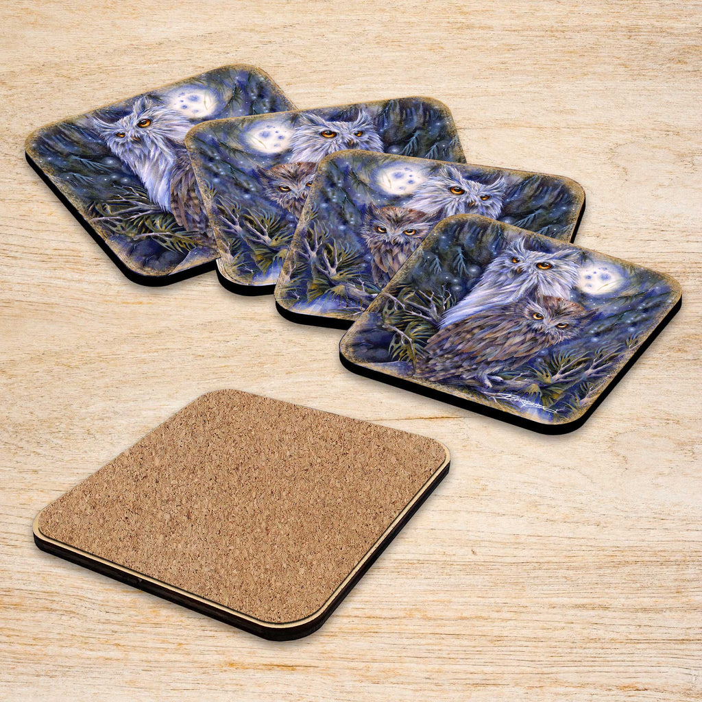 Night Watch Owls Wooden Cork Coasters Gift Set of 4 by J. Bergsma - Wildlife Decor - 8199465C-S4