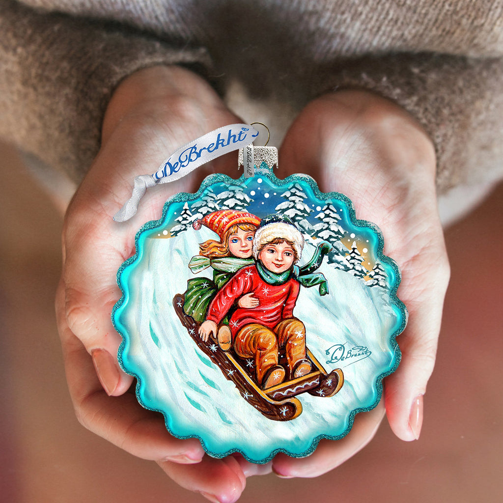 Kids Happy Sledging Wreath Glass Ornament by G. DeBrekht - Christmas Decor - 759-045