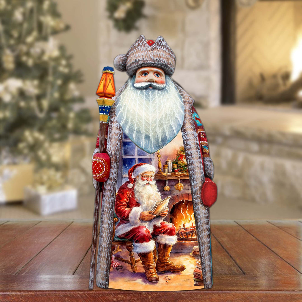 Fireside Magic List Santa Hand-Painted WOODCARVED Masterpiece by G. DeBrekht - Christmas Santa Snowman Decor - 210236SE