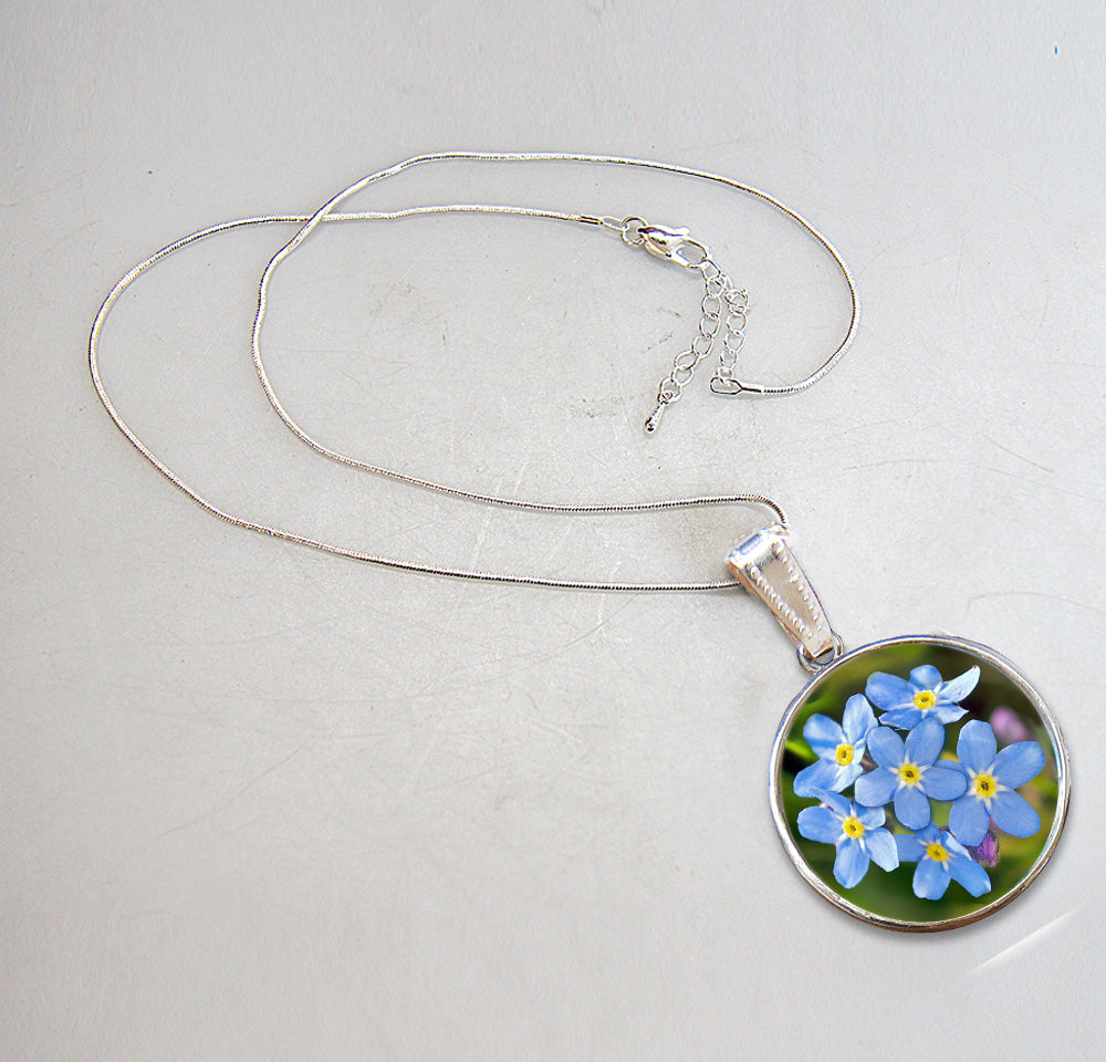 A silver necklace with a pendant featuring a circular design of blue forget-me-not flowers.