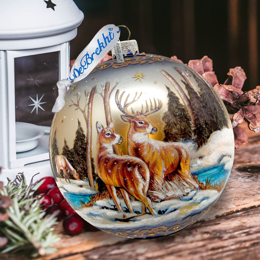 Peaceful Greetings Reindeers Ball Glass Ornament Limited Edition by G. DeBrekht - Christmas Decor - 73883
