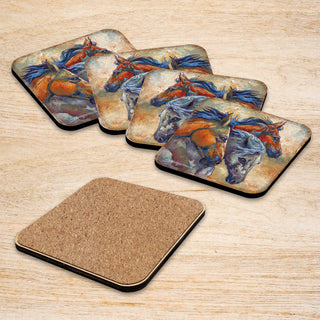 Herd of Horses Wooden Cork Coasters Gift Set of 4 by J. Bergsma - Wildlife Decor - 8199458C-S4