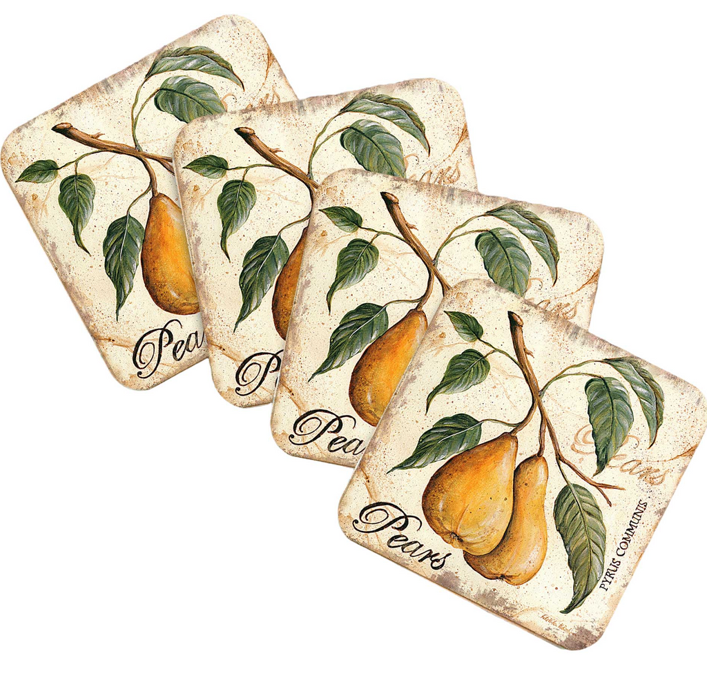 four square coasters with a painting of pears on them.